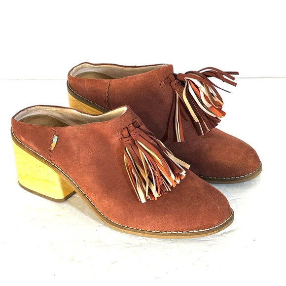 Toms Leila Brick Rust Suede Block Heel Mule Clog Tasseled Slip On Womens Size 8 - Picture 1 of 13